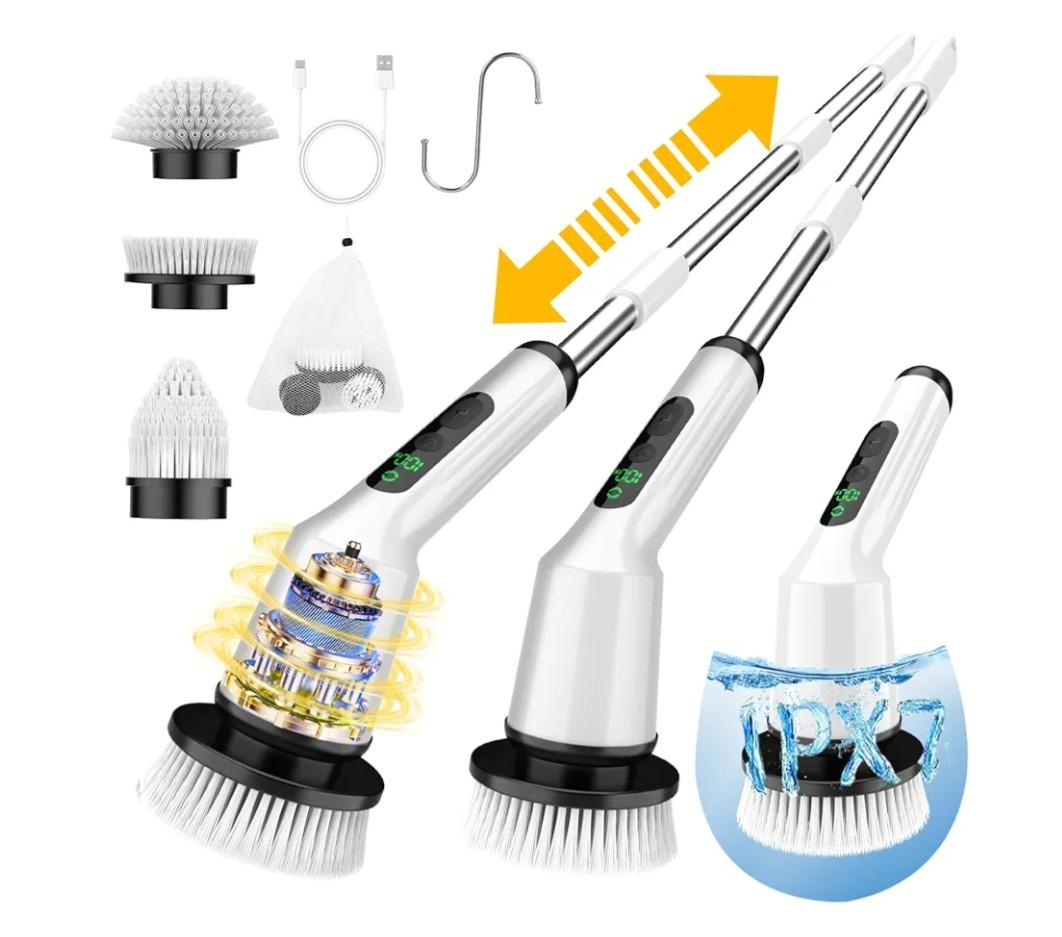 Electric Spin Scrubber for Cleaning Bathroom, Shower Scrubber Cordless Cleaning Brush with IPX7 Waterproof & 2 Speed, 3 Brush Heads, Bathroom Cleaning Supplies for Shower Tub Kitchen Tile Toilet White