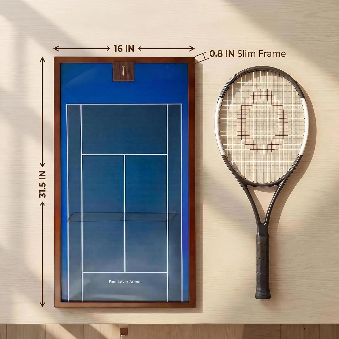 Wooden Tennis Racket Display Frame with Wimbled+Australian Backgrounds