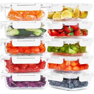 KOMUEE 10 Packs 22 oz Glass Meal Prep Containers, Glass Food Storage Containers with Lids, Airtight Lunch Boxes BPA Free, Microwave and Freezer Safe, White