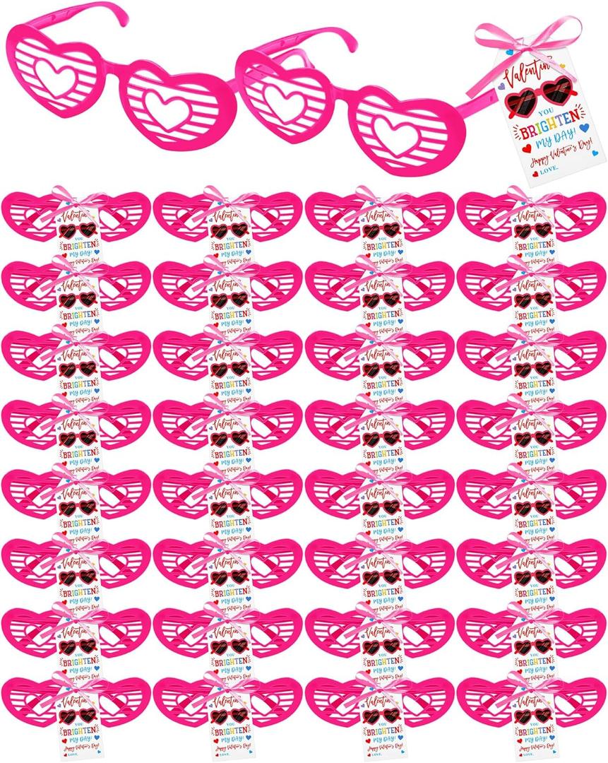 Geiserailie 96 Pcs Valentines Day Gifts Bulk 48 Heart Sunglasses 48 Happy Valentine Tags for Party Favors Exchange Prize (6.3 x 2.56 Inche, Pink)