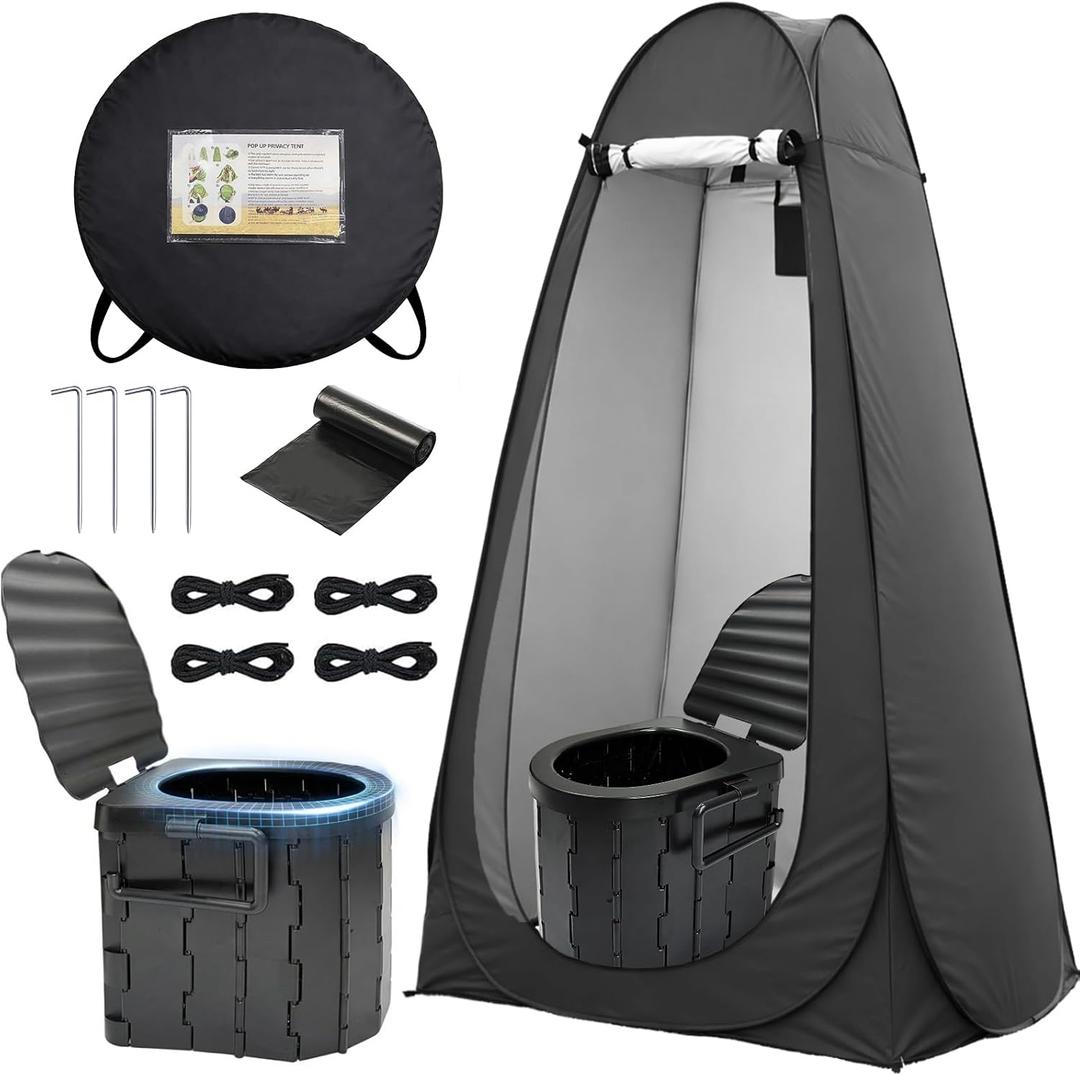 Portable Camping Toilet with Privacy Tent - Foldable Toilet Set for Adults and Elderly - Pop Up Outdoor Restroom for Travel (Black Tent with Toilet)