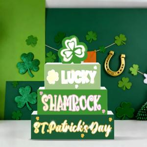 St. Patricks Day Table Centerpieces- St. Patricks Wooden Blocks Sign with Lighted 3D Letters Timer Shamrocks and Flowers St. Patrick's Day Decorations for Home Table Tiered Tray