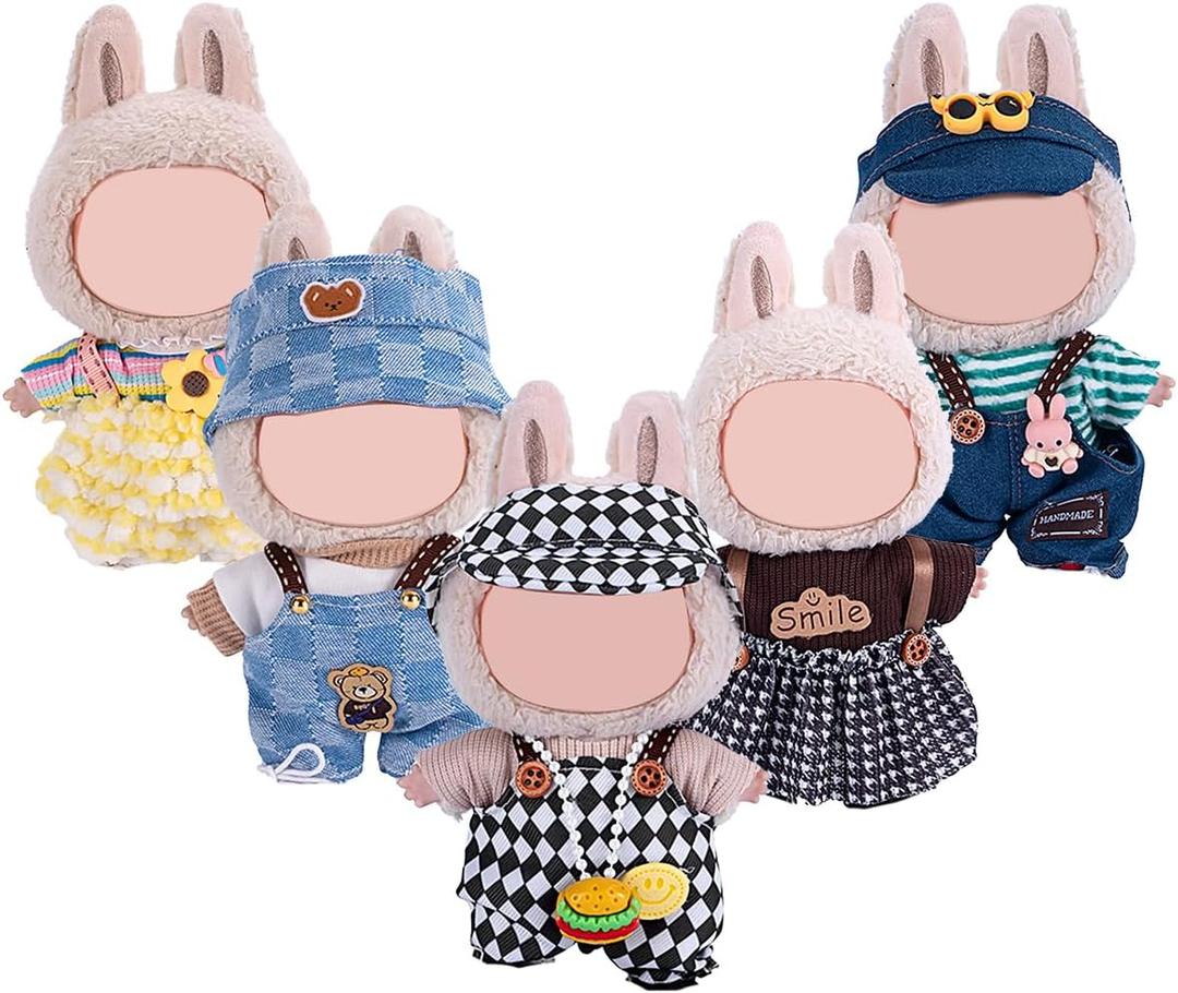 17cm Doll Clothes 5 Sets, Hat & Overalls Dress Up Outfit Compatible for Labubu 17cm 15cm Accessories, No Doll Included (Mixed)