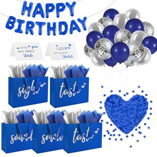 Addblu 5 Senses Gift Bags for Him with Labels Tissue Paper And Handles, 12.6"X8.7"X4" Includes Birthday Decoration Banner, Balloons, Rose Petals & Cards for Him or Her, Husband or Boyfriend (Blue with silver lettering)