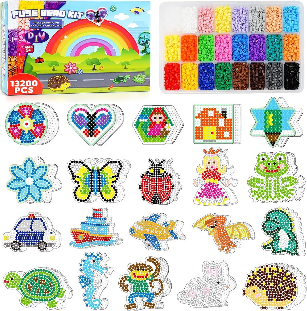 FUNZBO 13200 5mm Fuse Beads Kit - Fuse Beads Set with 20 pcs Special Shaped Pegboards, Home School Arts and Crafts Supplies for Kids, Birthday Gifts for Girls and Boys Age 5+ Years Old