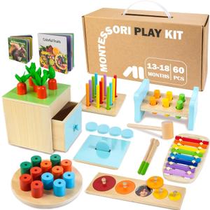 WOODMAM Wooden Montessori Toys for 1+ Year Old, 9 in 1 Learning Educational Toys for Toddler with Educational Box, Xylophone, Pound Bench, Shape Puzzle and More, Baby Toy Gift for 13-18 Months