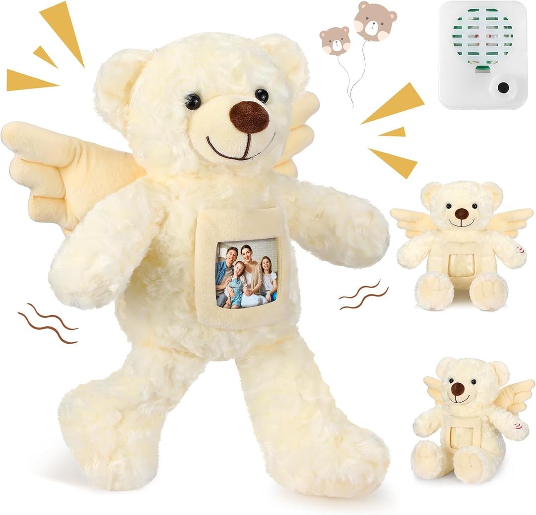 Leyndo 12 Inch Angel Remembrance Bear Plush Stuffed Animal with Recorder Soft Plush Animal Toy with a Picture Frame for Baby Shower Birthday Party Wedding Gift(Cream) (Beige)