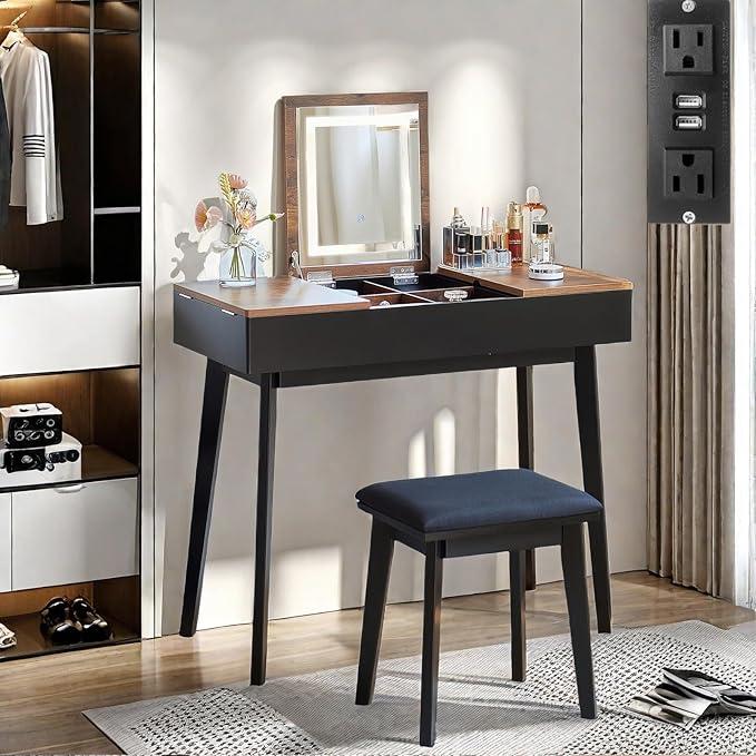 Vanity Desk, Flip Top Makeup Vanity Table with Power Outlet, Makeup Vanity Desk with Mirror & LED Light, Rustic Vanity Set with Cushioning Stool, Vintage Vanity for Bedroom, Black Brown