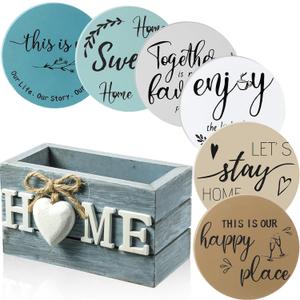 Queekay Coasters Set of 6 House Warming Gifts New Home Wooden Farmhouse Drink Coasters with Holder 4'' Funny Decoration for Kitchen Family Coffee Bar Tabletop Protection(Ocean Color)