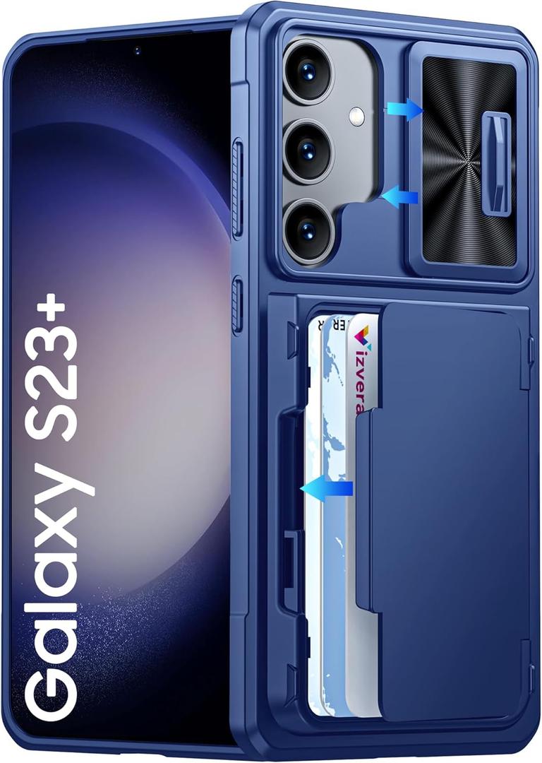 Vizvera for Samsung Galaxy S23 Plus Case Wallet, RFID Cards Holder (4 Cards) & Camera Cover & Kickstand for Women Men, Full Body Shockproof Silicone Case for S23 Plus 6.6"-Blue