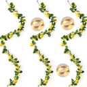 3 Pcs 5.74 ft Artificial Lemon Garland Lemon Vine Garland with Greenery Fake Fruit Party Decoration with Battery Powered Light for Home Door Wall Mantel Wedding Kitchen Table (Stylish Style)