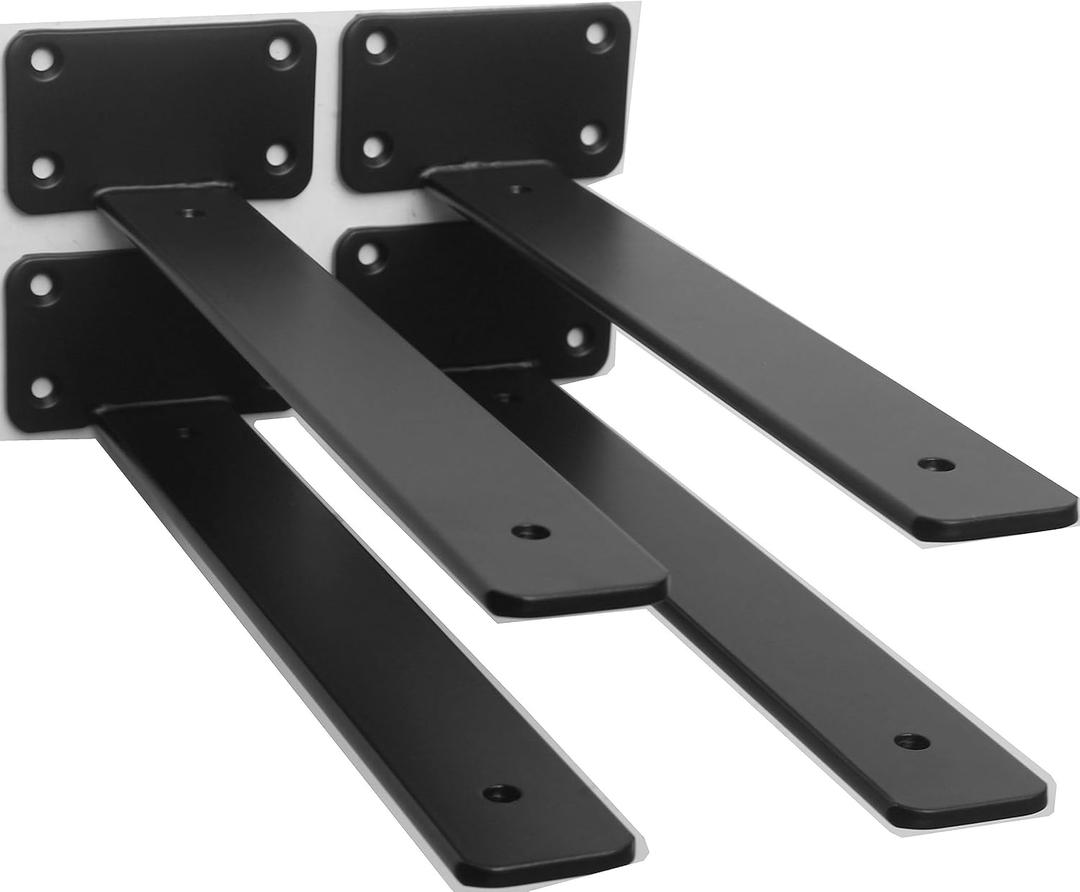 4 Pack - 10 inch Black Hidden L Shelf Bracket (1/5 Inch Thicked) Iron Floating Shelf Brackets Rustic Industrial Metal Brackets for Shelf Support
