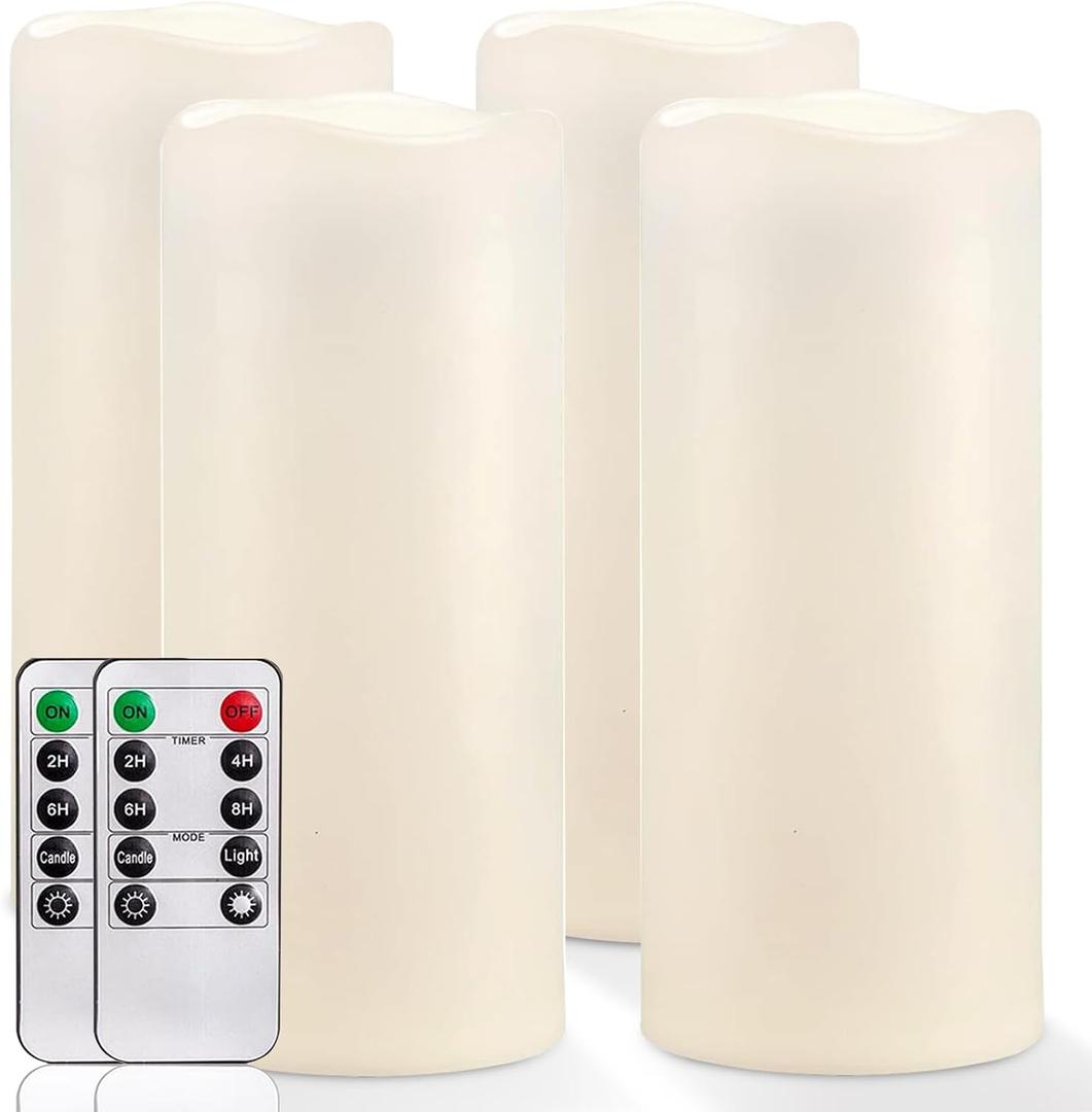 Homemory 10" x 4" Large Waterproof Outdoor Flameless Candles with Remote Control and Timer, Battery Operated Flickering LED Pillar Candles for Outdoor Larterns, Porch, Long Lasting, Set of 4