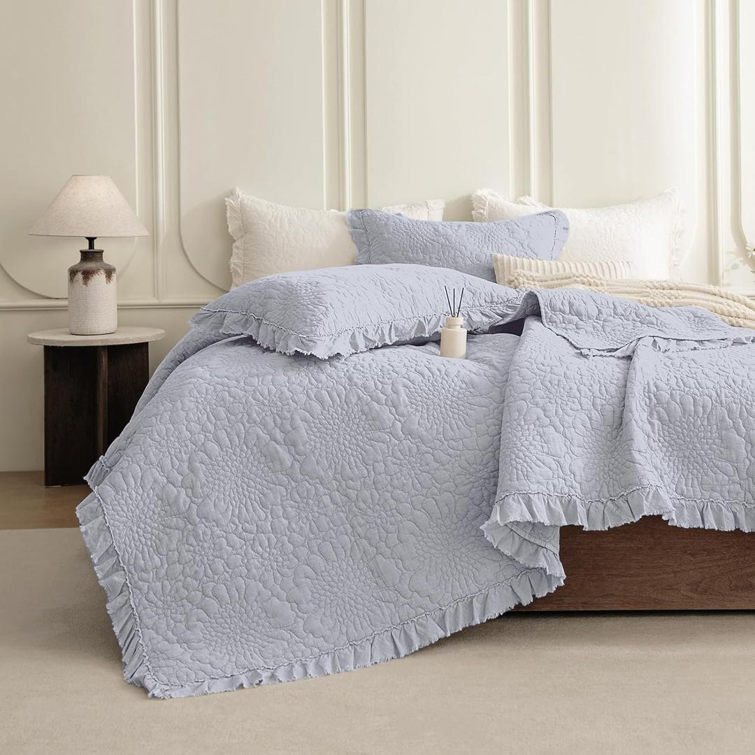 QSH Cornflower Blue Stonewashed Cotton Oversized King Quilt Bedspread Set(128"x120"),3PCs Farmhouse Ruffle Bedspread California King,Ultra Soft Lightweight Crinkle Quilt Coverlet with Pillow Shams