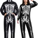 Halloween Skeleton Costume for Adults Full Body Jumpsuit with Hood and Face Print for Men Women One Piece Pajamas (Large, White)