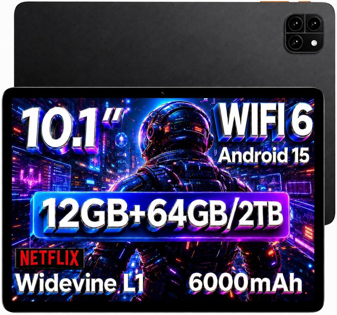 Android 15 Tablet 10.1 Inch, Computer Tablet, Octa-Core, 12GB RAM 64GB ROM
1280x800 Resolution, WiFi 6 and Bluetooth, Dual Speakers, 5MP+8MP Cameras, 6000mAh Battery, Up to 2TB Expansion