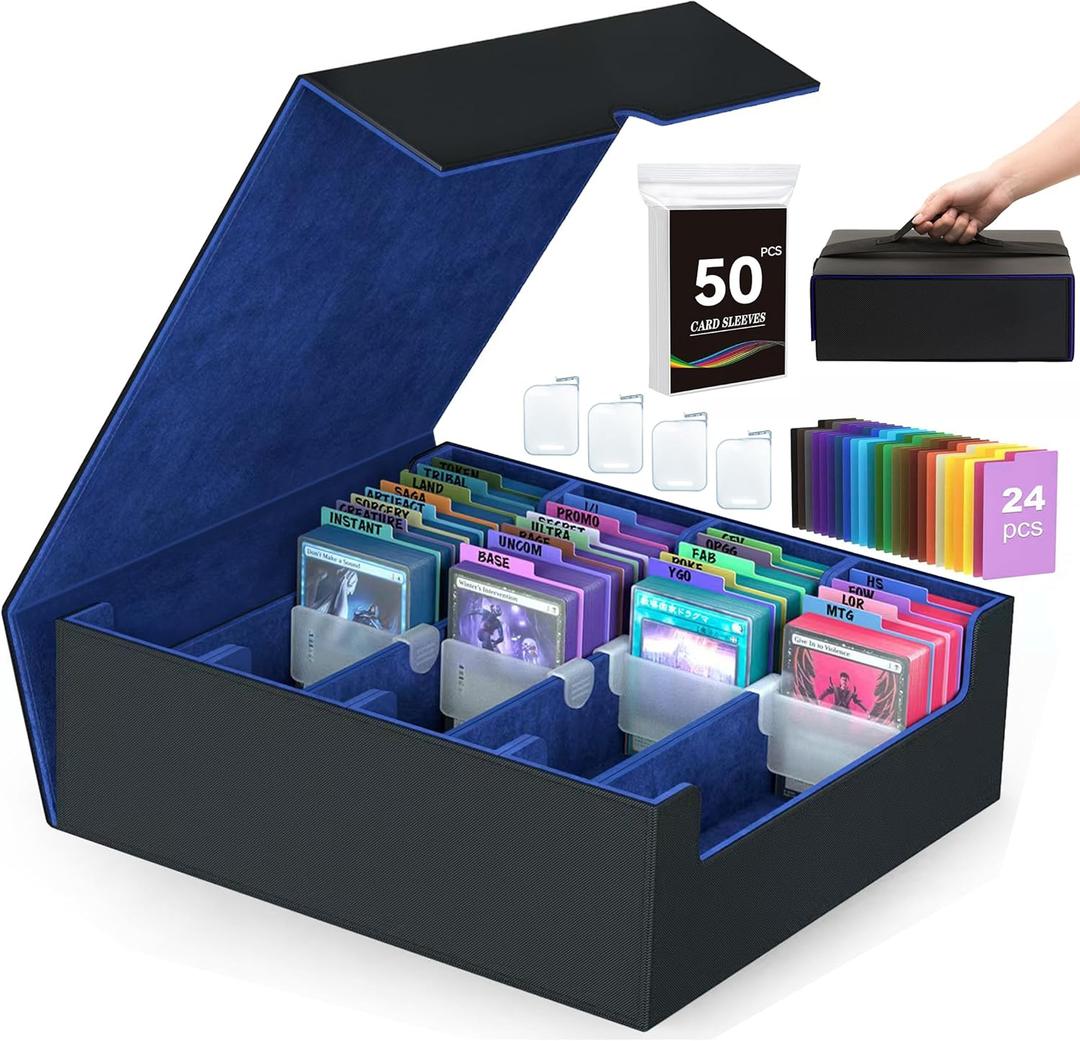 4-Row3200+ Trading Card Storage Box, Card Organizer Holder With 50 Sleeves & 24 Dividers, Case Fit for Mtg Tcg Magic Commander Deck Playing Cards, Deck Box for Baseball Sport Card (Blue)