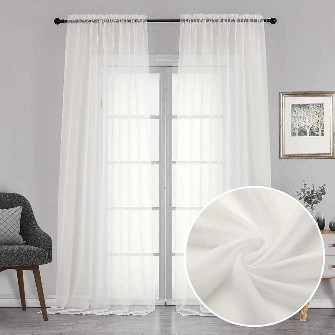 Chyhomenyc Sheer Curtains 120" Extra Long, 2 Pieces, Rod Pocket Top Soft Voile Texture Window Draperies Lightweight & Airy Panels for Living Room/Bedroom, 84" Wide Total, Each 42W x 120L inches, Ivory 