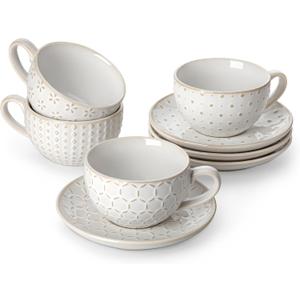 MALACASA 8 OZ Cappuccino Cups with Saucers Set of 4 - Ceramic Stackable Tea Cups and Saucers, Embossment Coffee Mugs for Tea, Latte and Mocha, Dishwasher Safe, Arctic white