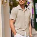 COOFANDY Men's Casual Short Sleeve Button Down Shirt Textured Summer Beach Shirt (Beige, XXL)