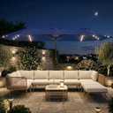 15FT Large Outdoor Patio Umbrella with Solar Lights and Base, Double-Sided Table Umbrellas with 48 LED Lights, Rectangle Market Umbrella for Pool, Deck, Backyard