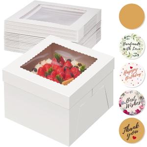 Kootek 15pcs Cake Boxes, 10x10x8 Inches Tall Cake Box with Window, White Bakery Boxes, Large Baking Boxes, Square Cardboard Cake Box for Multi-Layer Cakes, Cake Decorating Supplies for Gift Giving