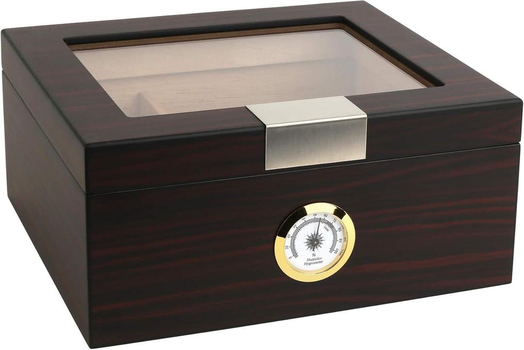 Mantello Cigars Cigar Humidors, Humidor Cigar Box- Gifts for Men, Ebony Wood, Glass-Top Cigar Humidor, Cigar Humidor Box with Hygrometer, Cedar Divider, Humidity Packets Holder, Cigar Box, Holds 25-50