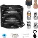 100FT Sewer Jetter Kit for Pressure Washer, 5800 PSI Water Jet Drain Cleaner Hose Corner Rotating Button Nose Sewer Jetting Nozzle 1/4 Inch NPT, Sewer Jetter Nozzles Kit with Spanner Handle Strap (Black)