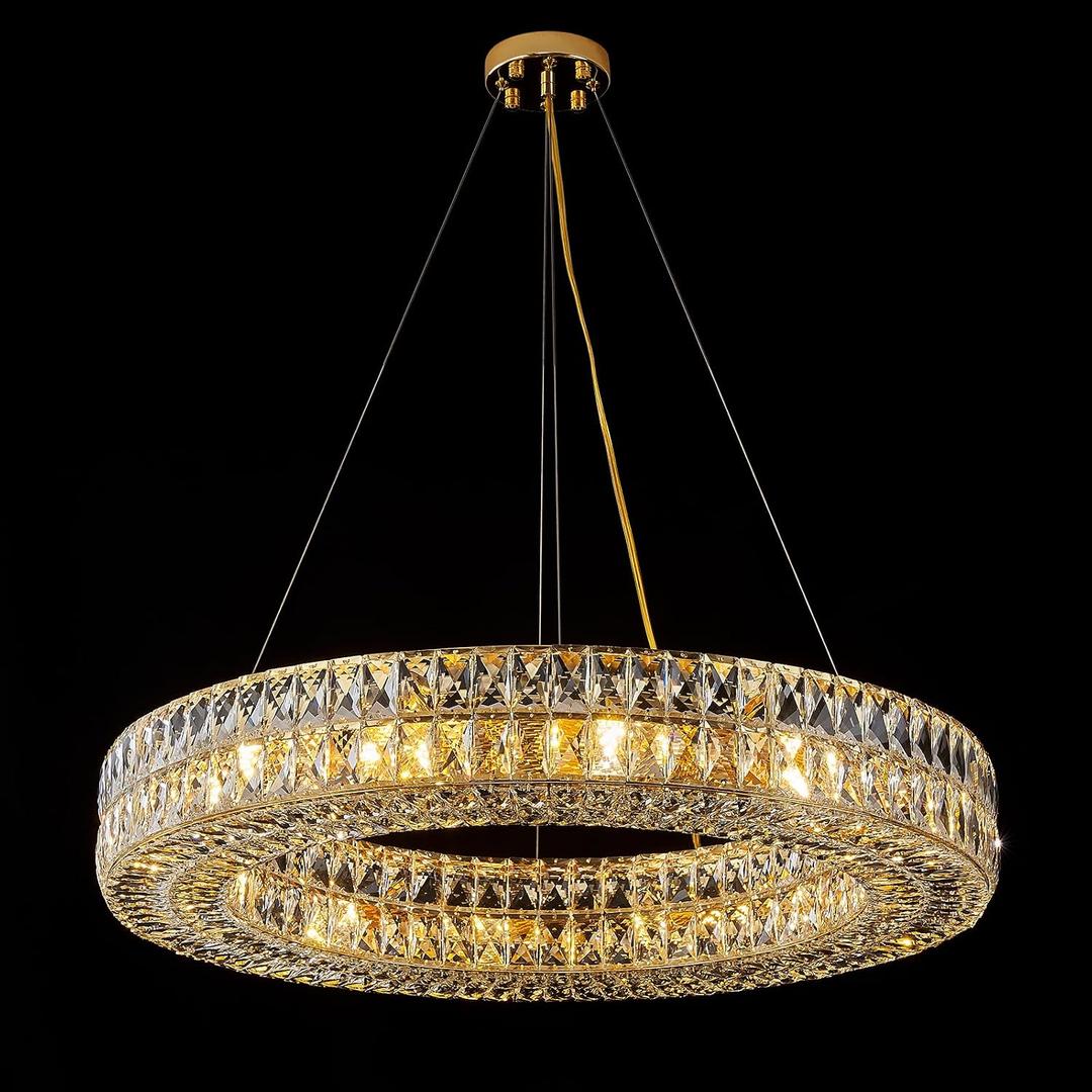 Homeooze12-Lights Ring Crystal Chandelier, Modern Chandeliers Lighting and Hanging Ring Adjustable, Ceiling Light Fixture for Living Room Dining Room Bedroom (Gold, 32")