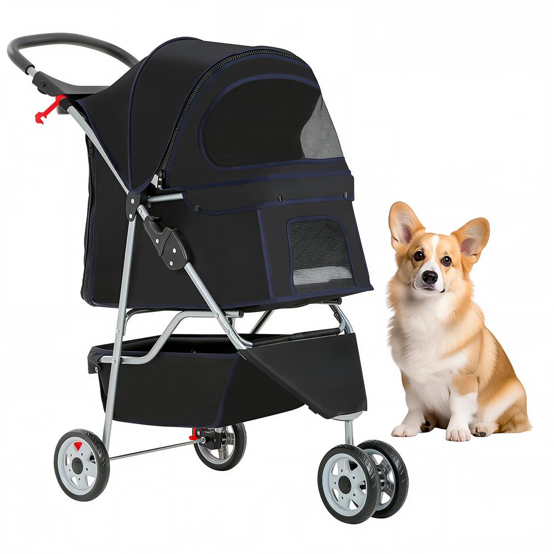 BestOffice Pet Stroller for Small Medium Dogs & Cats, 3-Wheel Foldable Dog Stroller with Cup Holder, Lightweight Travel Carrier, Waterproof Design for Outdoor Walks, Black