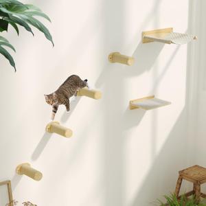 Cat Wall Shelves, Wooden Cat Wall Furniture Includes 4 Scratching Post Steps, Jumping Platform, Hammock for Kittens