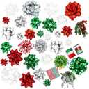 37 Pcs Gift Bows Assortment for Gift Wrapping - 7 Rolls Curling Ribbons 28 Christmas Bows 3 Tinsel Bows and 2 Curly Bows 2 Rolls of Cotton Thread for Present Wrapping Decoration(Red & Green Set)