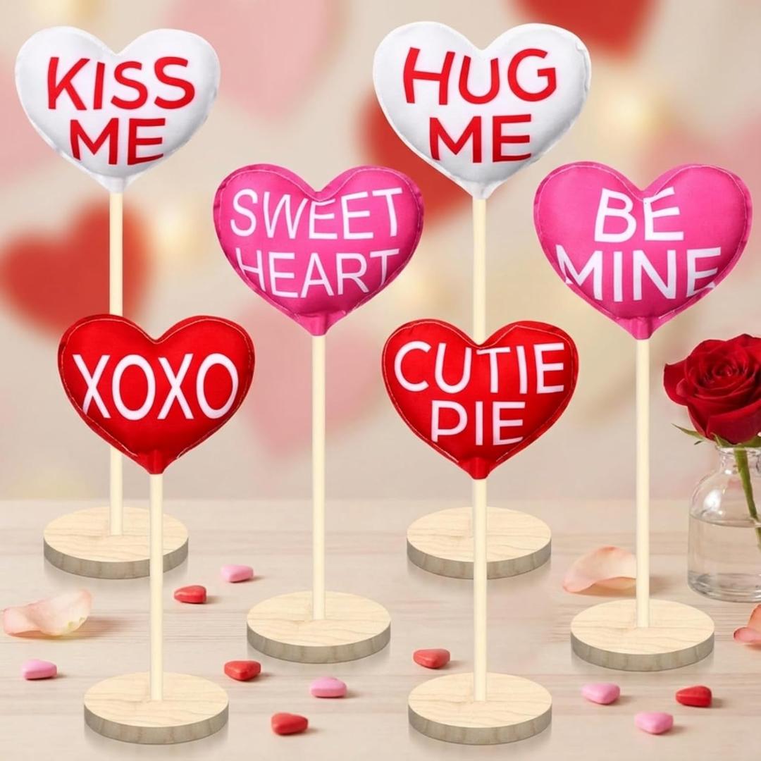 6 Pcs Valentine's Day Table Top Decor Tall Standing Fabric Heart Set Double Printed Conversation Hearts Tabletop Centerpiece Sign Valentine Hearts Decorations Tiered Tray for Home Office