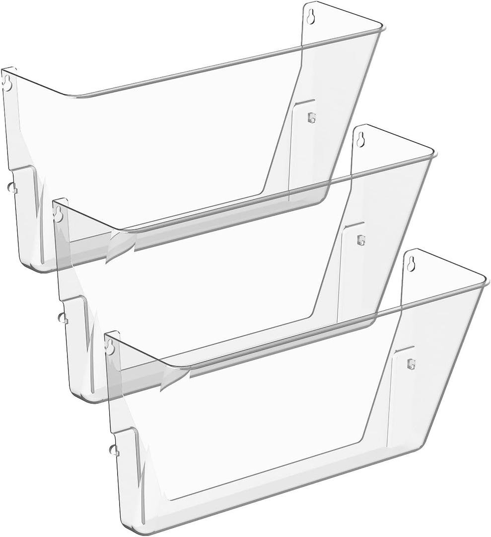 Clear Acrylic Single Pocket, Plastic Hanging Wall Mount File Holder for Office Home (Clear, 3 Pack)