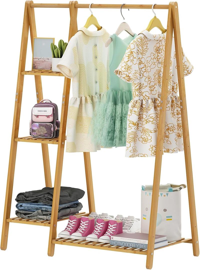 Bamboo Small Clothes Rack,Kids Clothing Rack, Mini Wooden Garment Rack with Shelves, Short toddler Dress Up Costume Racks for Hanging Cloth,Free Standing,Narrow