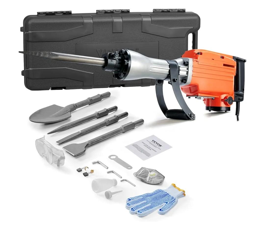 VEVOR Demolition Jack Hammer, MAX 2200W Electric Jackhammer Heavy Duty, 1400 BPM Concrete Breaker 4pcs Chisels Bit Chipping W/Case, Gloves