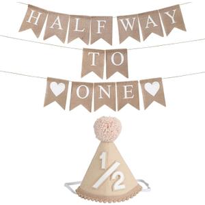 6 Months Beige Half Birthday Decorations With Half Way To One Banner And 1/2 Bir-thday Hat For Six Months Ha-Lf Year BD Decor-ations Boy Girls