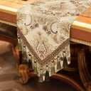 Loom and Mill Jacquard Table Runner 72 inches Long, Thick Fabric Floral Table Runners with Handmade Tassels for Dining Room Kitchen Holiday Table Setting Dresser Party Christmas Decor(Khaki,13”x 72”)