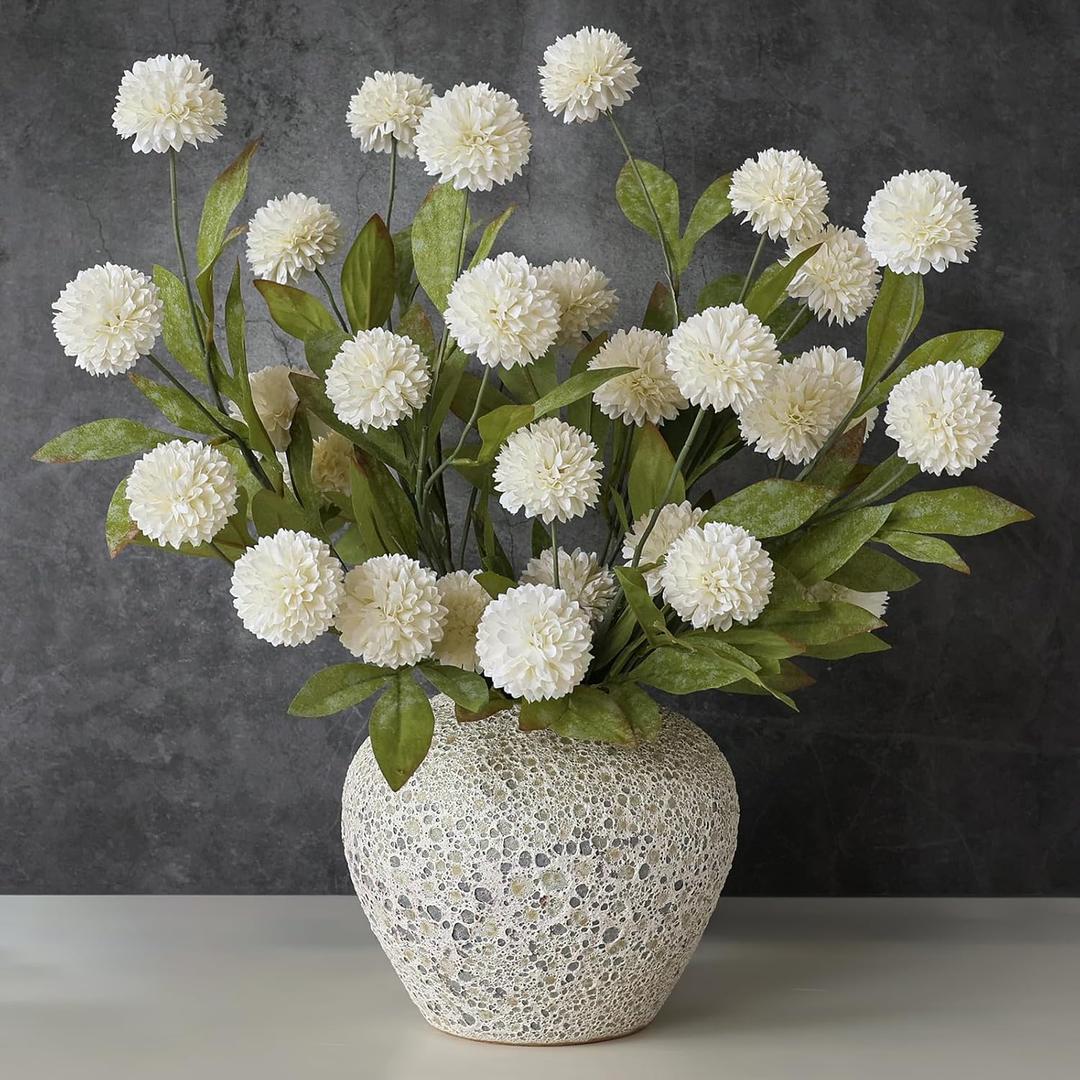 VIERENA 6 Pcs Faux Silk Pompon Mum Artificial Flowers for Vase -27", Bulk Fake Chrysanth Branches with Stems for DIY Bouquet Centerpieces Wedding Fillers Arrangements Shower Decorations (Cream)