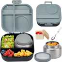 Bento Lunch Box for Kids with 12oz Soup Thermo,4 Compartments Lunch Box Containers Kids, Spoon&Sauce Jar, BPA Free&Leak proof,Insulated Food Jar for Travel(Black)