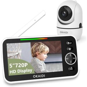 720P HD Baby Monitor, 5 Inch Baby Monitor with Camera and Audio, 5000mAh Battery, Remote Pan-Tilt, 3X Zoom, 1000ft Baby Monitor NO WiFi, Night Vision, 2-Way Talk, Temperature, Lullabies (OD8050 HD)