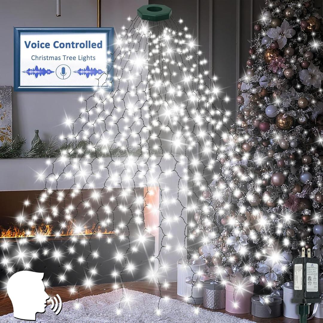Voice Controlled Easy Christmas Tree Lights with 7 Commands, 480LED Cascading Twinkle Lights 7.9FT 16 Lines Waterproof Waterfall Tree Light with 12 Modes for Indoor Outdoor Christmas Decor(Cool White)