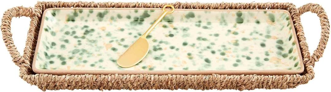 Mud Pie Splatter Platter and Basket Set, tray 5" x 13" | basket 6" x 14" | spreader 5 1/2" Brown