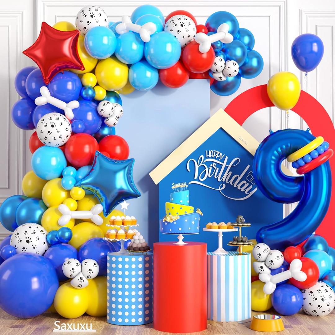 9th Birthday Decorations Boy, Dog Paw Ninth Party Arch with Red Blue Yellow Long Latex Balloons 40 inch Number 9 Balloon and Star Foil for Paw Birthday Party Supplies