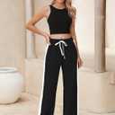 Heymoments Women's Wide Leg Pants add Tops High Waisted Sport Athletic Jogger Running Walking Sweatpant Set (Black, XXL)