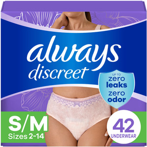 Always Discreet Adult Incontinence Underwear for Women and Postpartum Underwear, Small/Medium, Up to 100% Bladder Leak Protection, 42 Count