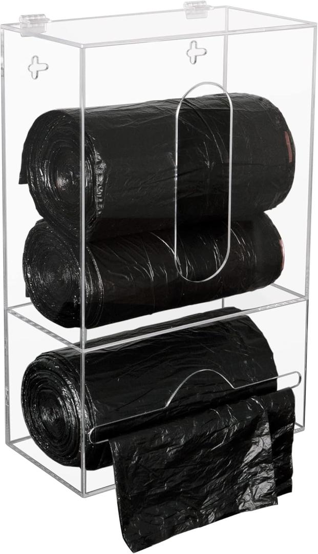 Trash Bag Dispenser Roll Holder for Plastic Bag, 2 in 1 Acrylic Garbage Bag Dispenser Organizer Holder for Cabinet, Wall Mount Kitchen Trash Can Liner Holder for Grocery Bag, Clear