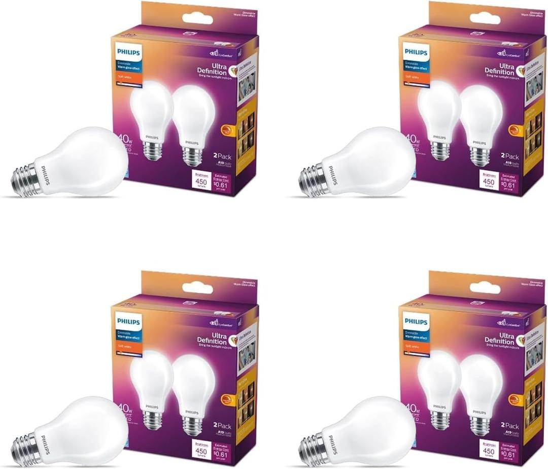 PHILIPS LED A19 Ultra Definition Frosted Dimmable LED Light Bulbs - Flicker-Free 40w Light Bulbs with EyeComfort Technology - Soft White 2700K Lightbulb - 450 Lumen - E26 Base - 8 Pack