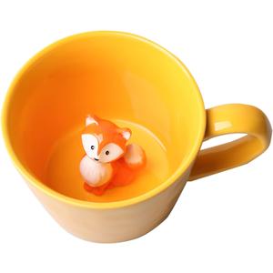 DIHOclub Fox Ceramic Cup Hidden 3D Animal Inside Mug,Cute Cartoon Handmade Figurine Mugs,Holiday and Birthday Gift for Coffee Milk Tea Lovers,12 OZ(Yellow)