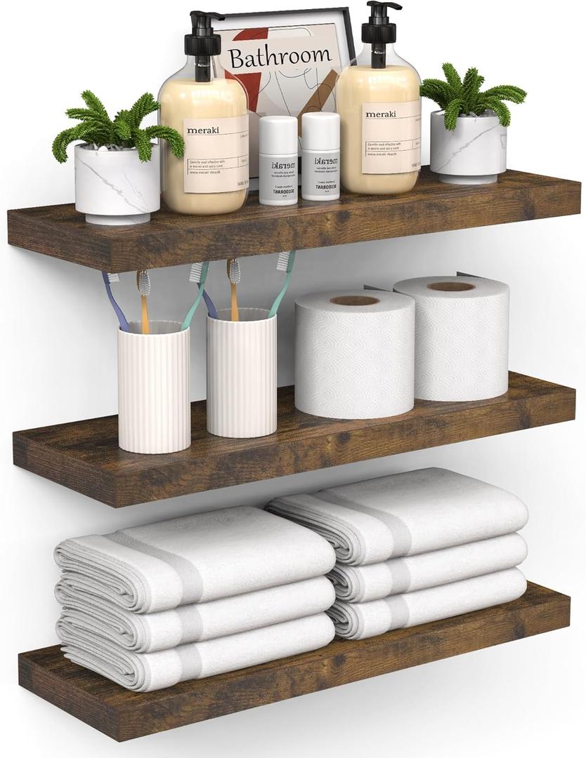 BAYKA Floating Shelves Bathroom for Wall  Shelf Over Toilet Farmhouse Rustic Wood for Bedroom, Kitchen, or Living Room Decor Organization Display Shelving  Rustic Brown, Set of 3 (15.7inches)